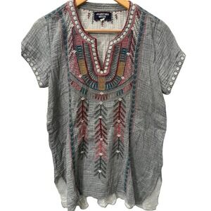Johnny Was Workshop Embroidered Gauze Top Womens S Boho Festival Gray Oversized